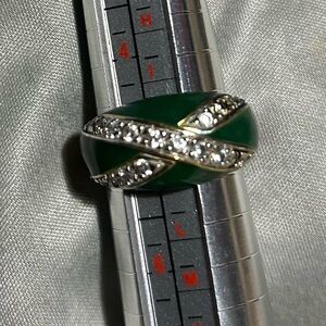 Elegant Green Enamel, CZ’s Gold over Sterling Silver Women's Ring